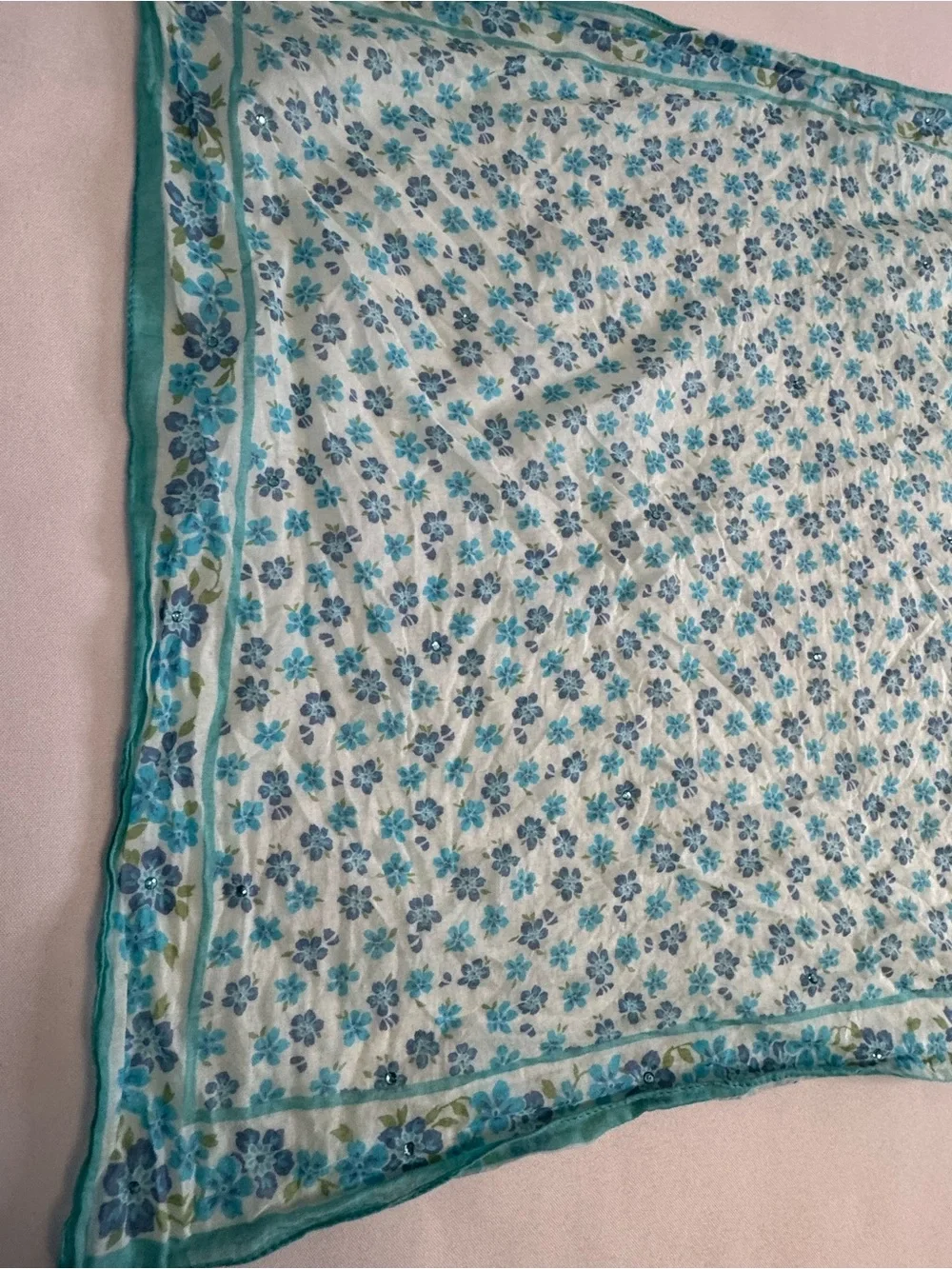 Vintage GAP Made in Italy Cotton Scarf Bandana Blue Floral w Rhinestone/Sparkle